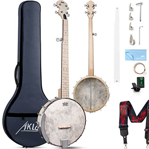 Banjo mit 5 Saiten, verstellbar, volle Größe, Ahorn-Banjo, offener Rücken, Remo Kopf mit 2 Stimmschlüsseln, 4 Plektren, Saiten, Stimmgerät, Gurt, Lineal, Reinigungstuch, Gigbag für Anfänger und Profis