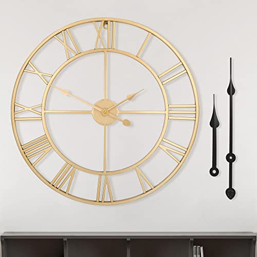 HAITANG Roman Retro Large Wall Clock Round Metal Nearly Silent Little ticking Battery Operated 40CM,47CM,60CM Gold Roman Numerals Clocks for Living Room,Bedroom,Kitchen Decor-40cm