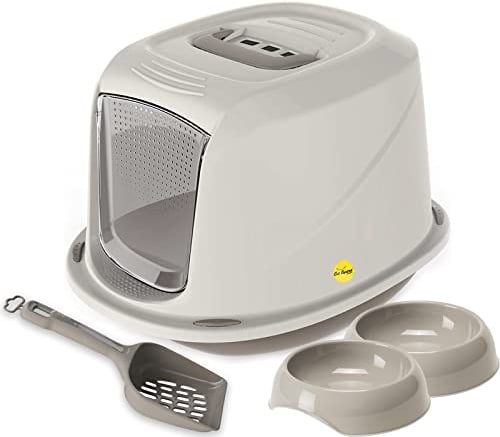 CAT CENTRE Medium Grey Kitten Hooded Litter Tray Durable Bundle Bowls Toilet Starter Set Kit Loo Carry Handle Carbon Filter