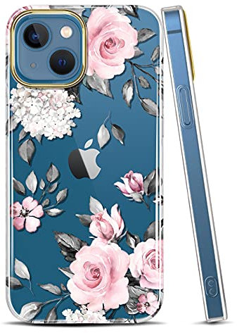 RXKEJI iPhone 13 Hülle iPhone 13 Handyhülle TPU Silikon Weiche Durchsichtig Klar Transparent Schutzhülle Handytasche Flexibel Handy Hülle für iPhone 13 2021 6.1 Flower Rose Pink Pink