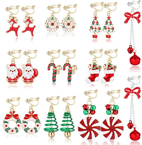 LOLIAS 10 Paar Weihnachten Baumeln Ohrringe für Frauen Weihnachtsbaum Schneeflocke Süßigkeiten Weihnachtsmann Jingle Bell Schneemann Urlaub Ohrringe Set Weihnachten Clip On Ohrringe Schmuck Geschenke
