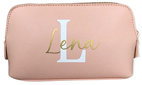 Kosmetiktasche personalisiert Initial + Name, Schminktasche, Kulturtasche für Damen, Handtasche, Geschenk Frauen, Schminke Beauty Make-Up (klein, rosa)