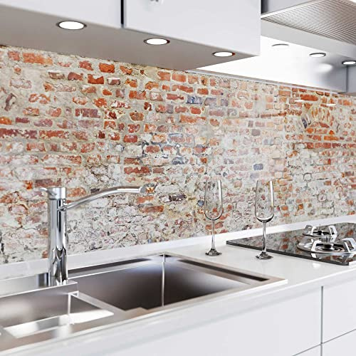 danario Küchenrückwand selbstklebend - Glasoptik - Spritzschutz Küche - versteifte PET Folie - 0,8 mm - Alte Ziegelmauer - 60cm x 400cm