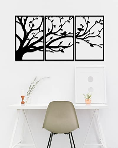 Wandkunst Metall Baum des Lebens 3 Paneele als Geschenk für Innen- und Außenbereich, Garten, Zuhause, Schlafzimmer, Wohnzimmer, Dekorationen (Schwarz, 84 x 43 cm)