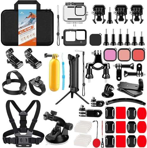 HONGDAK Action-Kamera-Zubehör-Set für GoPro Hero 13, 12, 11, 10, 9, schwarz, wasserdichtes Gehäuse, Silikonhülle, Verstellbarer Arm, Kopf, Brust, Handgelenkschlaufe, Fahrradhalterung, Saugnapf,