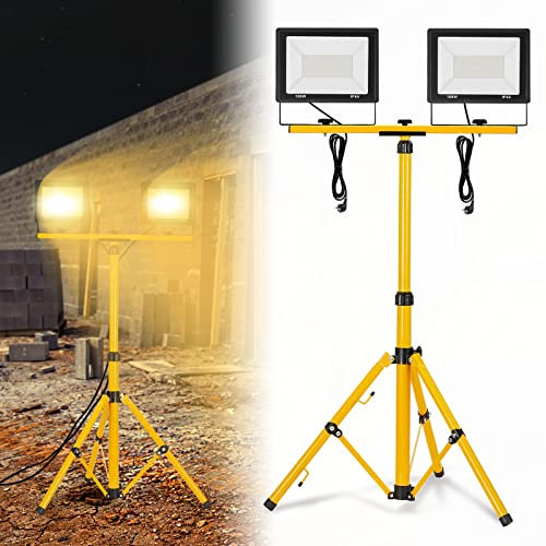 LZQ LED Baustrahler 2 * 100W Warmweiß Arbeitsleuchte 8500LM Scheinwerfer mit Stativ und Netzkabel, Arbeitsscheinwerfer IP66 Wasserdicht LED Fluter mit Stecker, Bauscheinwerfer für Werkstatt Baustelle