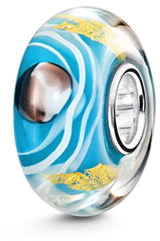 MATERIA by Matthias Wagner Glas Bead blau weiß braun mit Gold Folie und Silber Hülse 1263