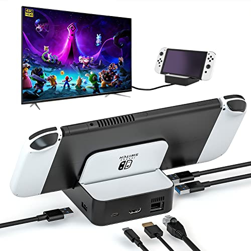 TV Dockingstation für Nintendo Switch/Nintendo Switch OLED Modell, 6-in-1 Switch Dock mit HDMI 2.0, 100Mbps Ethernet, 2 USB-A 2.0, 1 USB 3.0, 100W USB-C Ladeanschluss, unterstützt YouTube On TV