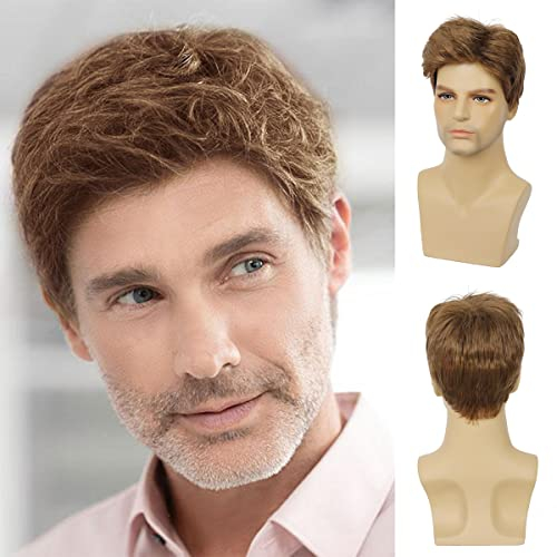 Qnbiar Herren Braun Kurze Perücke Natürliche Schichten Kostüm Halloween Synthetische Hitzebeständige Haare Herren Ersatzperücke