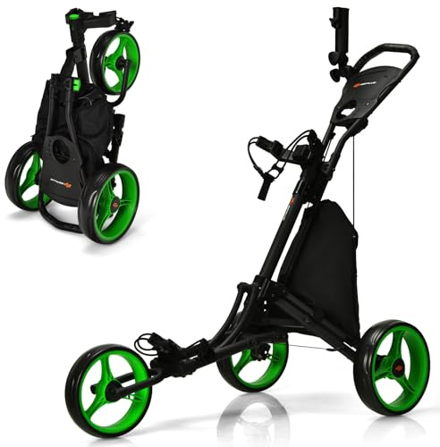 GYMAX Chariot de Golf à 3/4 Roues, Caddie de Golf Pliable Manuel | Porte-Sac, Porte-Parapluie, Cadre Robuste en Aluminium Pliable, Poignée Réglable, Tableau d'Affichage, Porte-Boisson