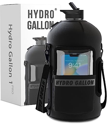 Hydro Gallon® 1 Pro - 1 Gallon Water Bottle Jug with Insulated Sleeve and Straw Lid, Handle, Time Marker, Pocket, Shoulder Strap. Daily Leakproof BPA free Large Big Bottle Men. 128oz (Black)