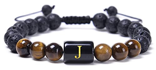 Lavastein Armband Herren, Perlen Armbänder Schwarz Alphabet J Verstellbares Armband Perlenarmbänder Weihnachtsgeschenk 29.2cmx8mm