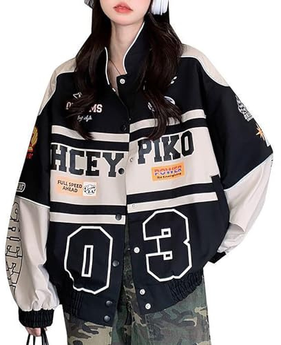 Varsity Veste Femme Patchwork Manches Longues Racing Bomber Letterman Blouson Couleur Block Y2K Vintage Streetwear