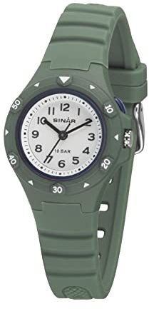 SINAR Kinder Jugend Armbanduhr Sportuhr Jungen Mädchen Analog Quarz 10 bar mit Silikonarmband und Licht Olivgrün XB-19-3