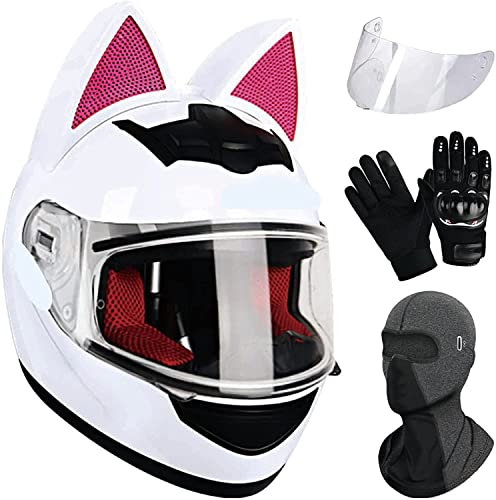 Motorradhelm Motorrad-Vollhelm DOT/ECE-Zertifizierter Motorrad-Bluetooth-Helm Persönlichkeit Mode-Katzenohren-Vollhelm Cruiser Rollerhelm Männer Und Frauen mit Handschuhen & Gesichtsschutz