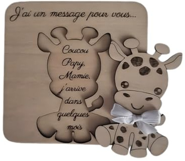 Générique Carte annonce grossesse grand parents personnalisables. Idée cadeau annonce bébé grand parent. Carte cadeau naissance en bois (Girafe)