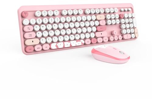 Kootop - Tastiera wireless, simpatica e colorata, con 104 tasti, stile retrò, con copritasti rotondi per PC, laptop, desktop, finestre, tastiere di casa e ufficio (rosa)