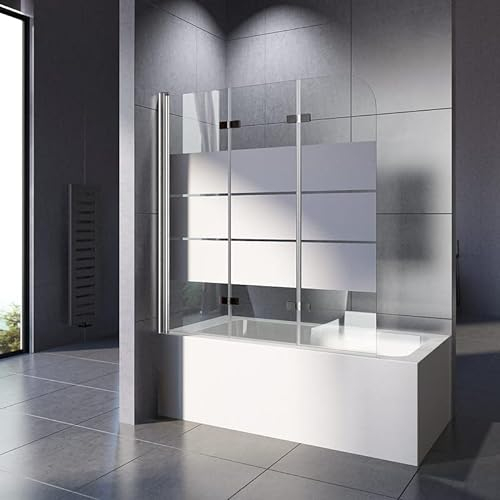 Duschwand für Badewanne Gestreift, Duschwand 140x140cm Badewannenaufsatz Duschwand Gestreift 3-teilig Faltbar Duschabtrennung Badewanne mit 6mm NANO ESG-Glas