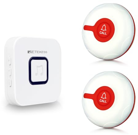 Retekess TH102 Bouton d'Appel d'urgence à Domicile pour Personnes âgées, Sonnette d'Appel pour Personnes âgées, 300m, 4 Niveaux de Volume, Buton d'appel SOS pour Patients, Cadeau de La Fête des Mères
