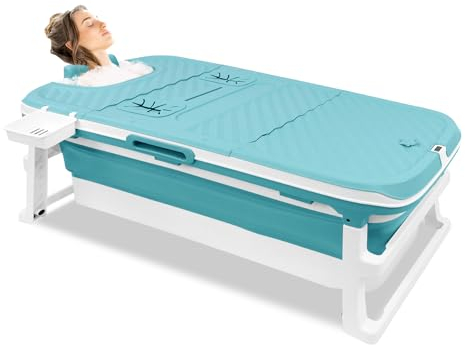 YRHome Baignoire pliante 149 x 64 x 54 cm - Baignoire pliable pour adulte - En plastique - Avec couvercle amovible, appuie-tête, thermomètre, raccord vapeur et rouleaux de massage