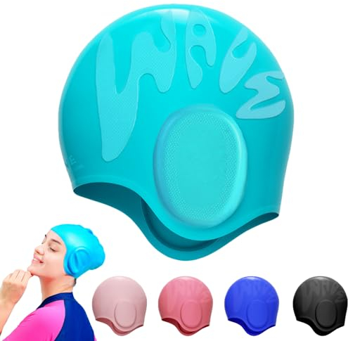 Gorro Piscina Protecion de Oido 3D, Gorro de Natación para Mujeres y Hombres, Gorros de Natación de Silicona, Elástico Gorros de Natación para los Hombres Mujer Largo Cabello Corto Adulto