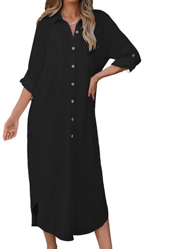 Bsubseach Swimsuit Coverup for Women Casual Button Down Beach Dress Long Kimonos Cardigans with Pockets Black L