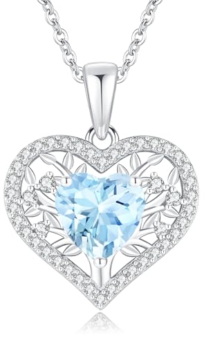LAVUMO Lebensbaum Herz Kette Damen 925 Sterling Silber Geburtsstein Anhänger Halsketten Geburtstagsgeschenk für Frauen Freundin Mama Valentinstag Muttertags Weihnachten (Silber-03-März)