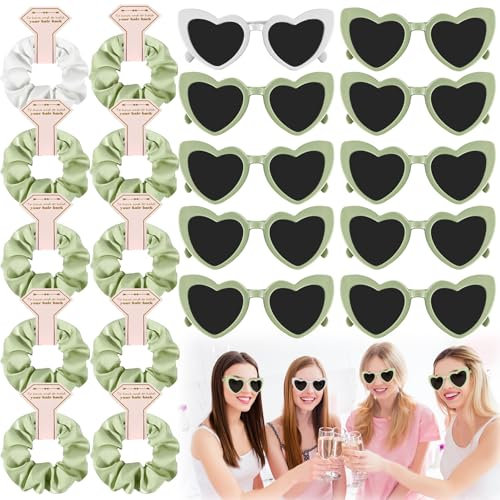 20 Stück JGA Brille Team Braut Haargummi,Bride Partybrille Herz Sonnenbrille,10 Herzförmige Brille + 10 Bride Haargummi,JGA Partybrillen und JGA Deko Accessoires für Junggesellinnenabschied (Grün)