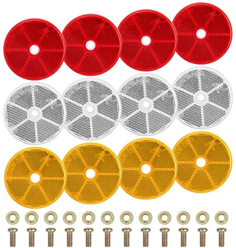 RISF 12 Stück Rund Rückstrahler, 60mm Katzenaugen Anhänger in 3 Farben, Seitenstrahler Anhänger, Inklusive M5 Schrauben + Muttern für Anhänger LKW Wohnwagen Mit E-Prüfzeichen (Orange, Weiß, Rot)