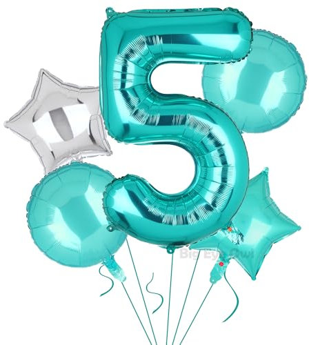 5 Stück XXL Türkis Zahl 5 Luftballon Tiffany Blau Nummer 5 Folienballons Groß Zahlen Happy Birthday Ballon Geburtstags Deko 100cm