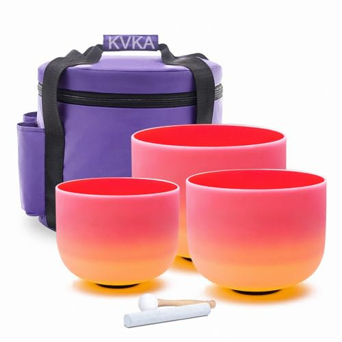 KVKA 432HZ Set of 3 PCS Frosted Quartz Crystal Singing Bowls 8A+10C+12F with Travel Carry Case Bag for Sound Healing and Therapy Meditation —— Red Orange Gradient