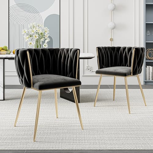 Merax Esszimmerstühle 2er Set, Moderner Sessel mit Armlehne und Gebogene Rückenlehne, handgewebtem Design, Samt Gold Beine Küchenstuhl, Kosmetikstuhl, für Wohnzimmer Schlafzimmer Büro, Schwarz