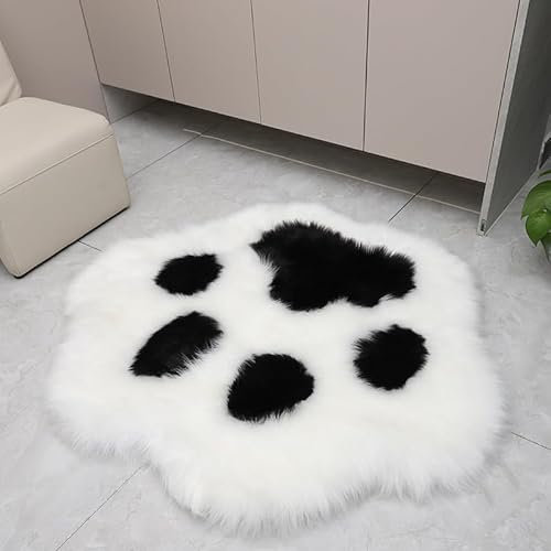 YUGWNN Niedlicher Teppich Katzenpfoten,Lammfellimitat Teppich,Synthetisches Schaffell,Schlafzimmer Deko Langflor Shaggy Fluffy Teppiche,100x85cm/39.3x33.4in,Weiß Und Schwarz