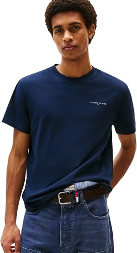 Tommy Jeans T-Shirt Manches Courtes Homme Linear Chest Tee Slim Fit, Bleu (Dark Night Navy), L