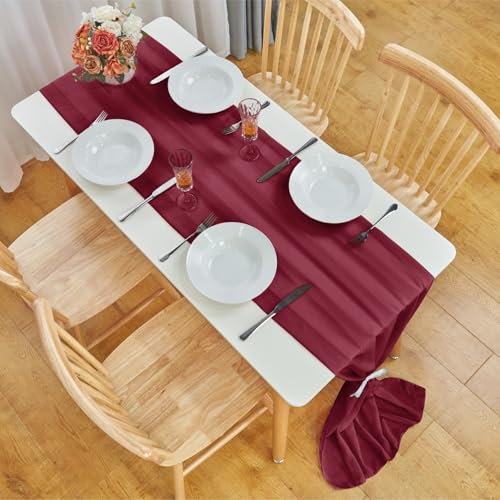 Tischläufer Chiffon, Bayseun Hochzeit Tischläufer, 70x300 cm, Waschbar Dekostoff Tisch Dekoration Party Geburtstag Valentinstag Babyparty Taufe Dekor (D - weinrot)