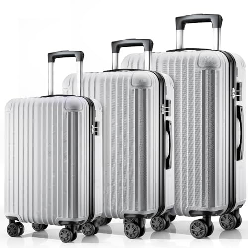 ABISTAB Koffer Set 3-teilig, Hartschalen Hartschalen Reisekoffer, Koffer & Trolleys mit 4 Rollen & Zahlenschloss, Handgepäck Koffer, Silber