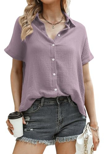 Aottori Camicetta Donna Elegante Camicia Manica Corta con Scollo a V Blusa Oversize Colore Puro Camicie con Tasche sul Petto Viola XXL