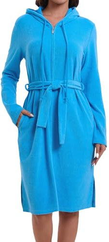 Mnamo Damen Kapuze Bademantel Reißverschluss Frottee mit Gürtel Weicher Mikrofaser Langarm Bademantel Ideal für Zuhause und Wellness Türkis XL