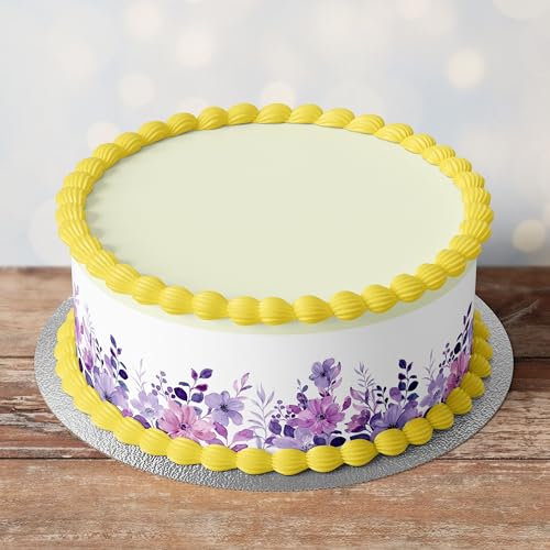 Edible Pre-Cut Lilac Flowers Water Colour Border Ribbon Cake Wrap x 3 Fondant Cake Topper Decoration - Ideal For Decorating Your Cakes And Easy To Use