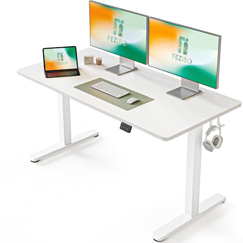 FEZIBO Height Adjustable Electric Standing Desk, 140 * 60 cm Stand up Table, Sit Stand Home Office Desk with Splice Board, White Frame/White Top