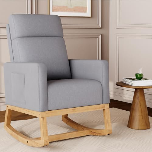 Aunekiv Schaukelstuhl Stillsessel Schaukelsessel, Gepolsterter Stillstuhl mit Holzbeinen & Seitentaschen, Hochlehner Stillen Sessel für Wohnzimmer, Schlafzimmer, Babyzimmer