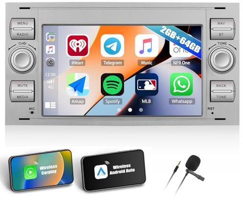 SIXTOP 2G 64G Android Car Stereo Radio for Ford Fiesta Focus Kuga Transit Connect S-Max C-Max Galaxy 7 Touchscreen Car Radio with Wireless CarPlay Android Auto GPS WIFI Bluetooth FM/RDS Radio