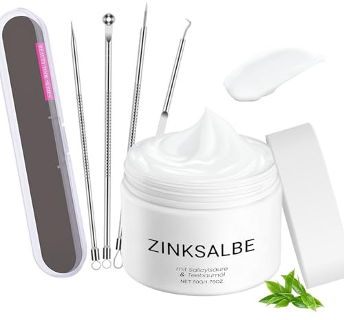 Crema Acne, Crema Granos Cara 50g + Extractor Puntos Negros 4 Piezas, Contiene Aceite Arbol Del Té, Auave No Irritante, Apto Para Todo Tipo Pieles