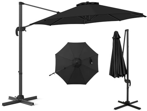 COSTWAY 3M/3.3M Garden Cantilever Parasol, Outdoor Offset Banana Hanging Umbrella with 5 Adjustable Tilt, 360° Rotation and Cross-shaped Base, 8-Rib Sun Shade Canopy (Black, 3M)