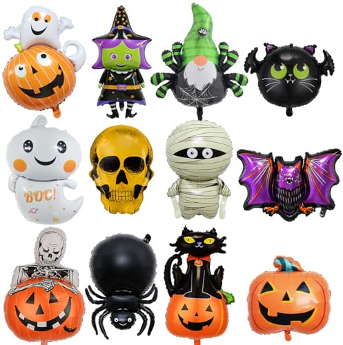 12 Stück Halloween Folienballons,XXL Halloween Helium Luftballons,Helium ballons Kürbis, Spinne, Fledermaus, Skelett, Hexe, schwarze Katze, Geist usw,Folienballons für Kinder Party Deko