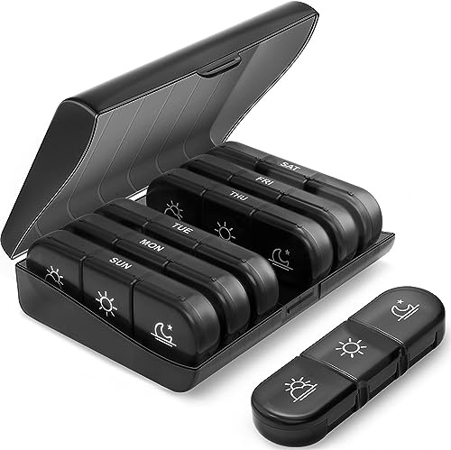 Pill Box Organiser 3 Times A Day, Travel 7 Day Tablet Boxes with Large Compartments for Medicine, Easy to Read AM/PM Compartments Monday to Sunday Weekly for Travel & Purse (Black)