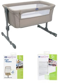 Chicco Next2Me Essential Starter Bundle with Next2Me Essential Bedside Crib, Night Breeze Mattress Protector and Crib Set 2 Pieces (2 sheets), Dune, CHICCOBUNDLE13