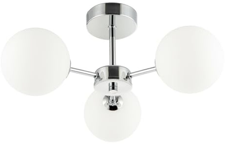 Happy Homewares Modern Chic Polished Chrome Ceiling Light with Opal White Round Globe Glass Shades | 22cm x 44cm | 3 x 5w G9 | Class 1 Earth Required
