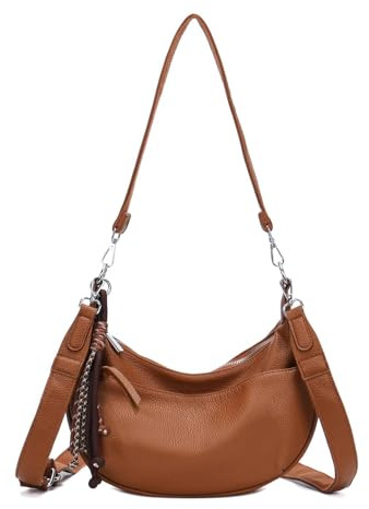 ITALYSHOP24 DAMEN TASCHE MOON Bag Crossbody Runde Schultertasche Hobo Bag Taschenanhänger Umhängetasche Shopper Crossover Handtasche Halbmond Leder Optik Reise (Cognac)