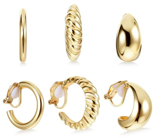 3 Paar Gold Ohrclips Damen, 14K Vergoldet Ohrclips Ohne Ohrlöcher | Ohrklipser Hypoallergen Chunky Creolen Fake Ohrringe Ohne Ohrloch für Damen Mädchen